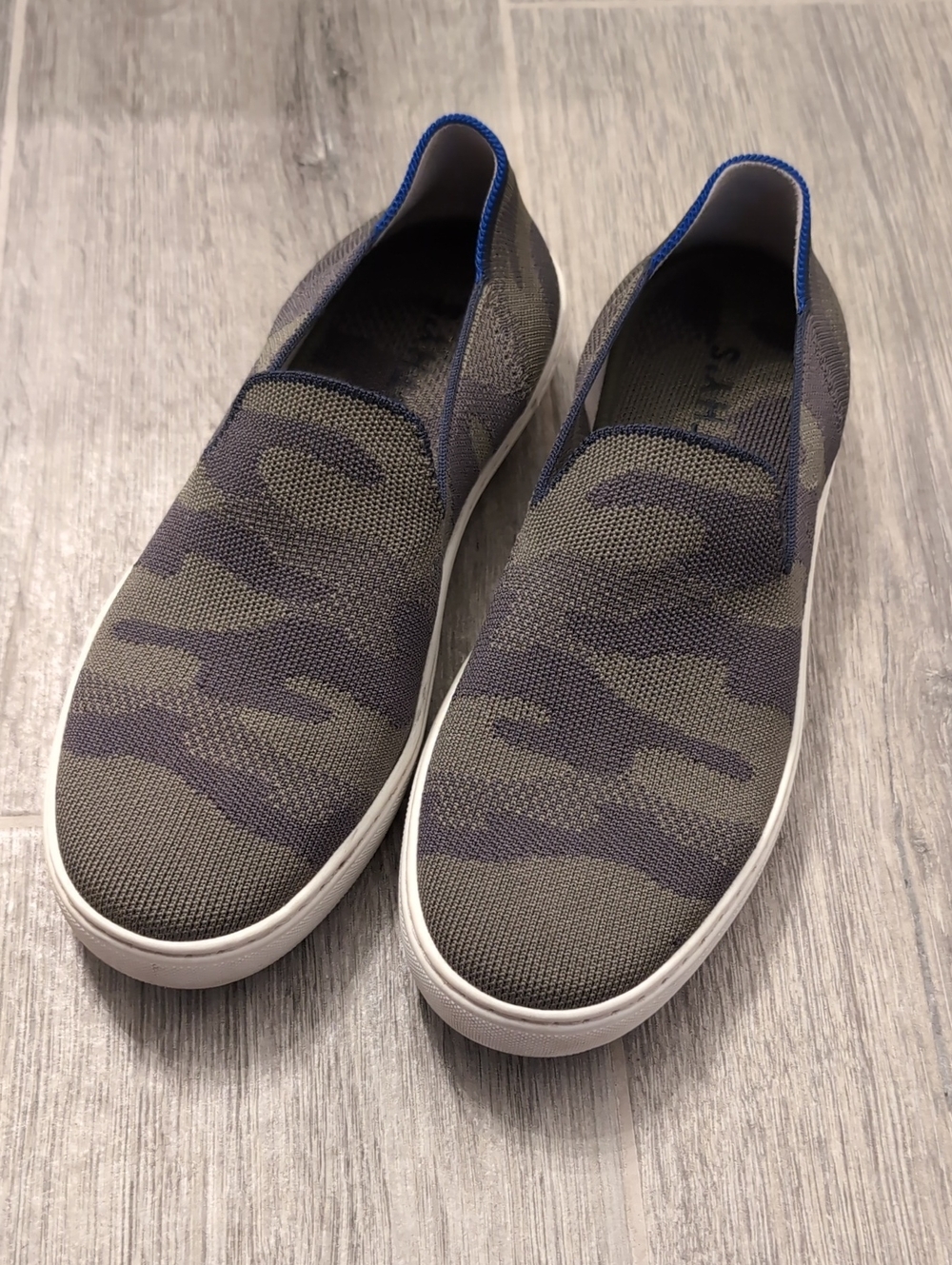 Rothy's Womens Camo Slip-On Knit Sneakers in Olive Green and Navy